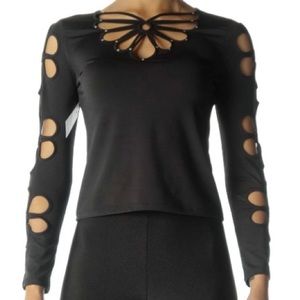 Black Long Sleeve Flower Cut Out Top